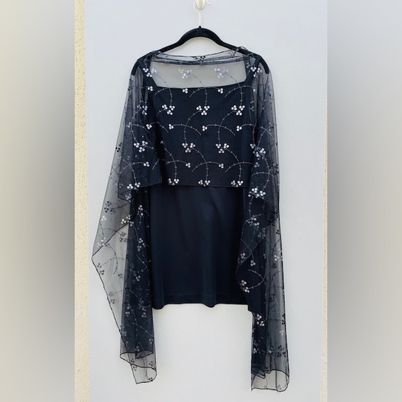 James Reva Accessories - Black Soft Mesh Tulle Hologram Sequin Embroidered Scarf/Wrap 90" X 19"